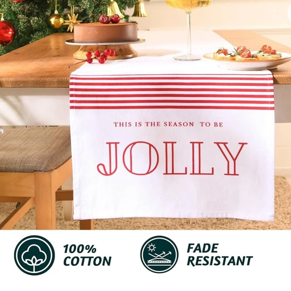 Christmas Jolly Season Table Runner 108 Inches for Christmas White Red NWT